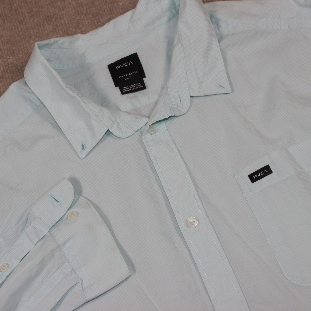 RVCA Men XXL Slim Fit Long Sleeve Button Down Shirt Lt Blue Micro Check Cotton